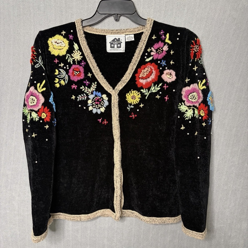 Storybook Knit Sweater Black Womens M Chenille Embroidered Beaded Flowers Granny
